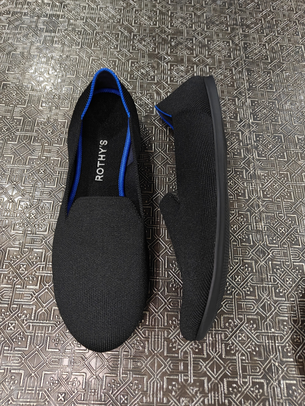 Rothy's Black Slip-On Loafers with Blue Trim Ballet Shoes. Size 9.5